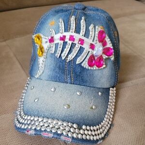 Embellished Denim Cap with Rhinestone Design